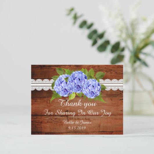 Rustic Blue Hydrangea Wedding Danke Postcard Postkarte (Stehend Vorderseite)