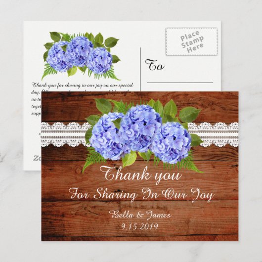 Rustic Blue Hydrangea Wedding Danke Postcard Postkarte (Vorne/Hinten)