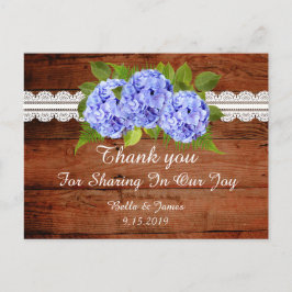 Rustic Blue Hydrangea Wedding Danke Postcard Postkarte