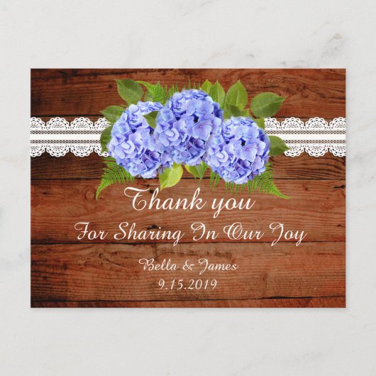 Rustic Blue Hydrangea Wedding Danke Postcard Postkarte (Vorderseite)