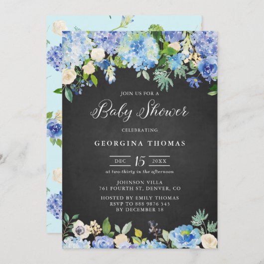 Rustic Blue Hydrangeas Chalkboard Baby Dusche Einladung (Vorne/Hinten)