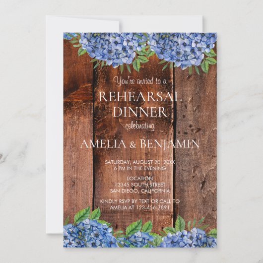 Rustic Blue Hydrangeas Hochzeitsessen Probe Einladung (Vorderseite)