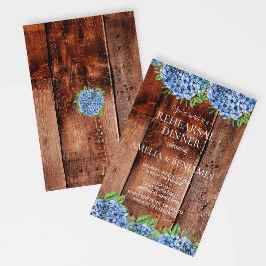 Rustic Blue Hydrangeas Hochzeitsessen Probe Einladung