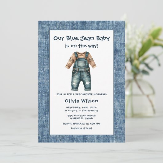 Rustic Blue Jean Boy Baby Shower Einladung (Stehend Vorderseite)