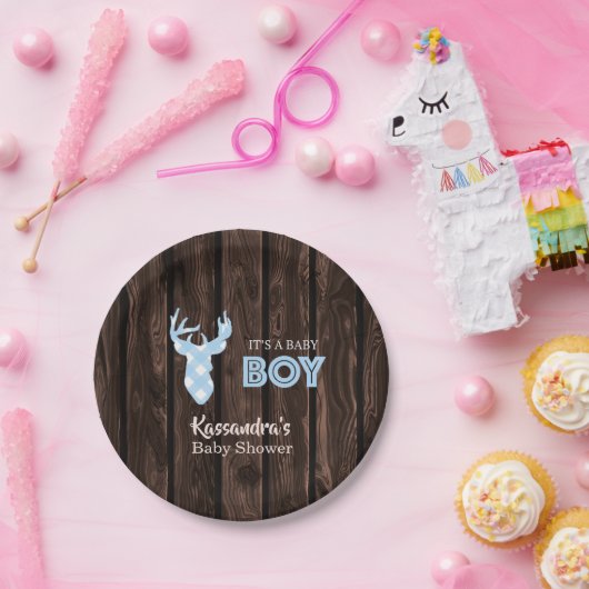 Rustic Blue Kariert Deer Baby Duschpapier Teller (Party)