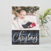 Rustic Blue Kariert Frohe Weihnachten Foto (Stehend Vorderseite)