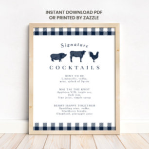 Rustic Blue Kariert Signature Wedding Cocktail Sig Poster