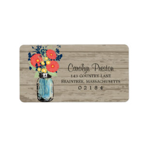 Rustic Blue Mason Jar Coral Gerber Daisies Adressaufkleber