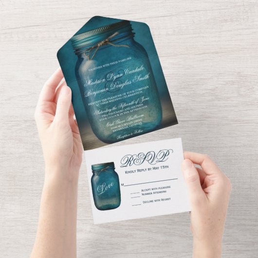 Rustic Blue Mason Jar Country Wedding All In One Einladung (Abreißen)