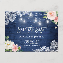 Rustic Blue Mason Jar Lights Wedding Save the Date Einladungspostkarte