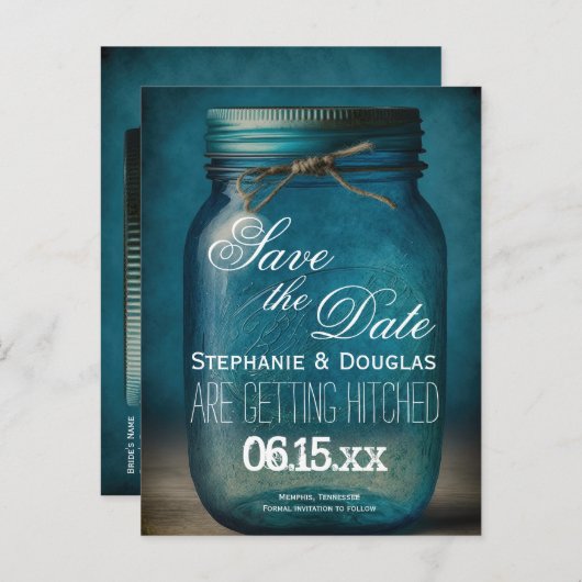 Rustic Blue Mason Jar Save the Date Wedding Ankündigungspostkarte (Vorne/Hinten)
