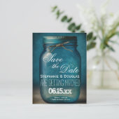 Rustic Blue Mason Jar Save the Date Wedding Ankündigungspostkarte (Stehend Vorderseite)