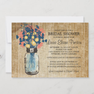 Rustic Blue Mason Jar und Wildblume Daisies Einladung
