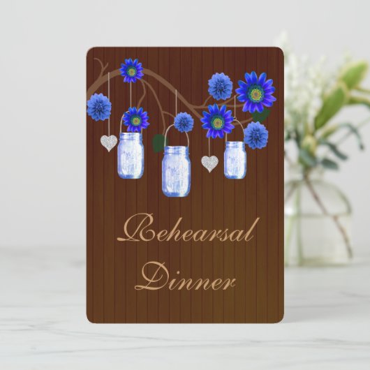 Rustic Blue Mason Jars Probe Dinner einladen Einladung (Stehend Vorderseite)