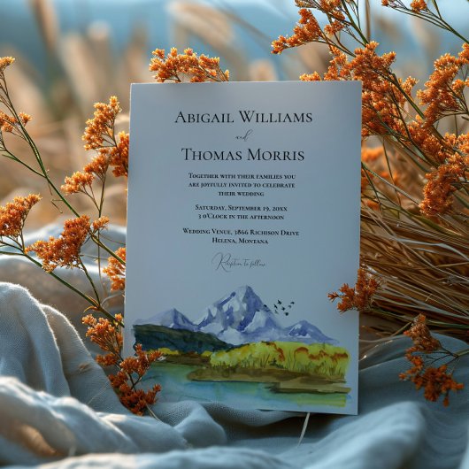 Rustic Blue Mountain Watercolor Wedding Invitation Einladung