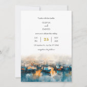 Rustic Blue Nautical Harbour Dawn Art Beach Hochze Einladung (Vorderseite)