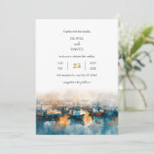 Rustic Blue Nautical Harbour Dawn Art Beach Hochze Einladung (Stehend Vorderseite)