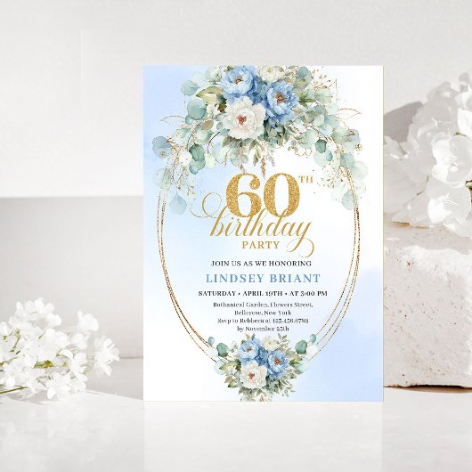 Rustic Blue Peony Gold 60th Birthday Invitation Einladung