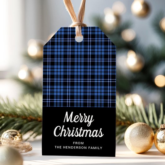 Rustic Blue Plaid Frohe Weihnachten Geschenkanhänger
