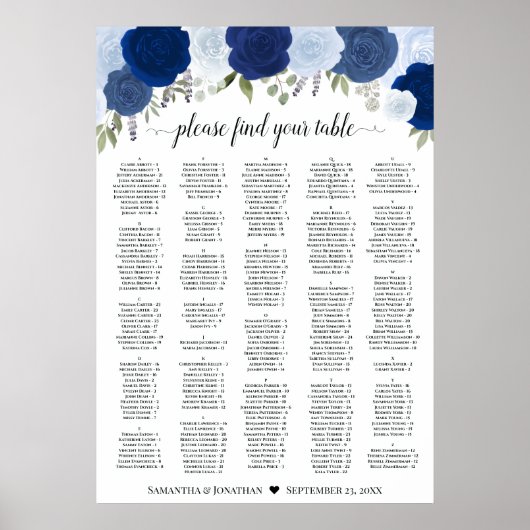 Rustic Blue Roses Wedding Seating Chart A1 Size Poster (Vorne)