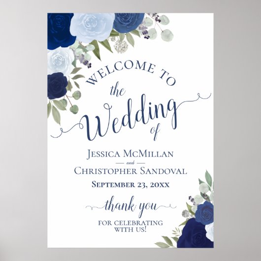 Rustic Blue Roses Wedding Welcome A1 Size Poster (Vorne)