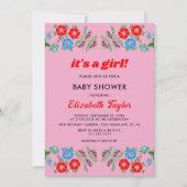 Rustic Blue Rote Rosen Floral Girl Baby Dusche Einladung (Vorderseite)