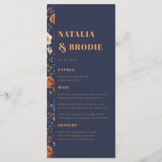 Rustic Blue Rust Boho Wedding Menu Menükarte (Vorderseite)