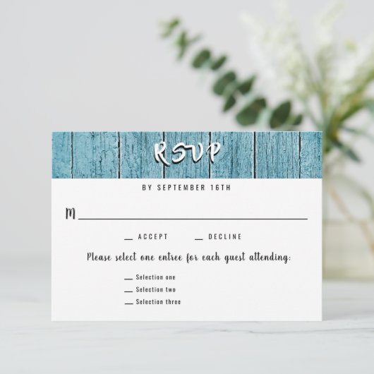 Rustic Blue Shiplap 3 Entree UAWG Wedding Response RSVP Karte (Stehend Vorderseite)