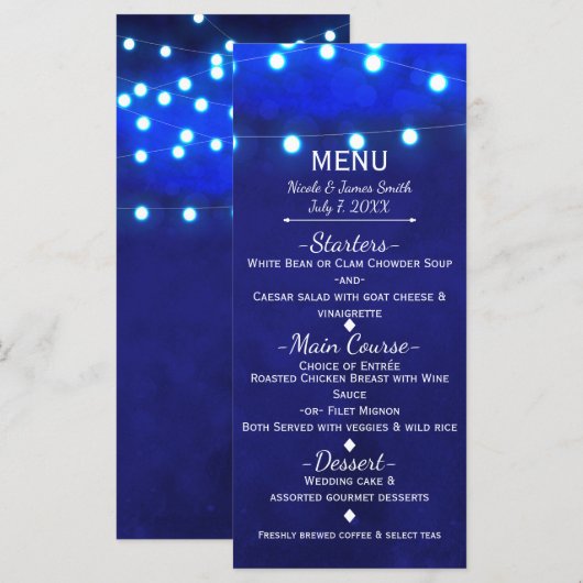 Rustic Blue String Lights Elegantes Hochzeitmenü Menükarte (Vorne/Hinten)