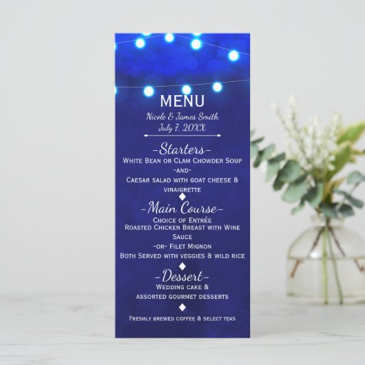 Rustic Blue String Lights Elegantes Hochzeitmenü Menükarte (Stehend Vorderseite)