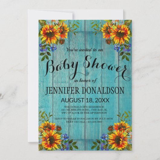 Rustic Blue Sunflower Baby Dusche Einladung (Vorderseite)