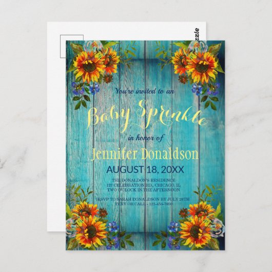 Rustic Blue Sunflower Baby Sprinkle Einladung Postkarte (Vorne/Hinten)