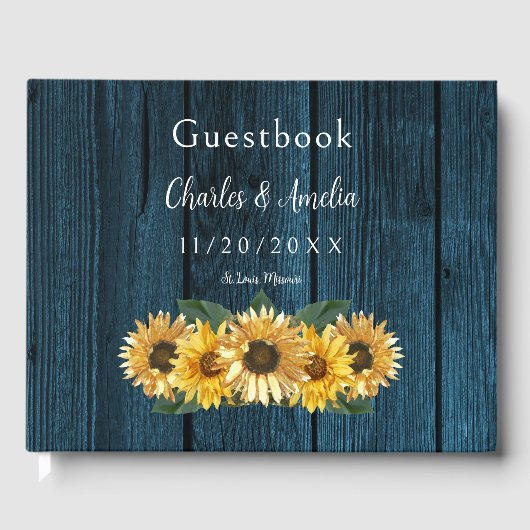 Rustic Blue Sunflower Wedding Gästebuch (Vorderseite)