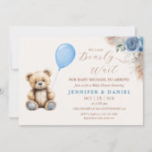 Rustic Blue Teddy Bear Babydusche Balloon Bloral Einladung (Vorderseite)