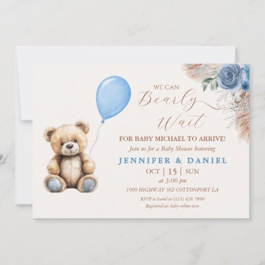 Rustic Blue Teddy Bear Babydusche Balloon Bloral Einladung (Vorderseite)