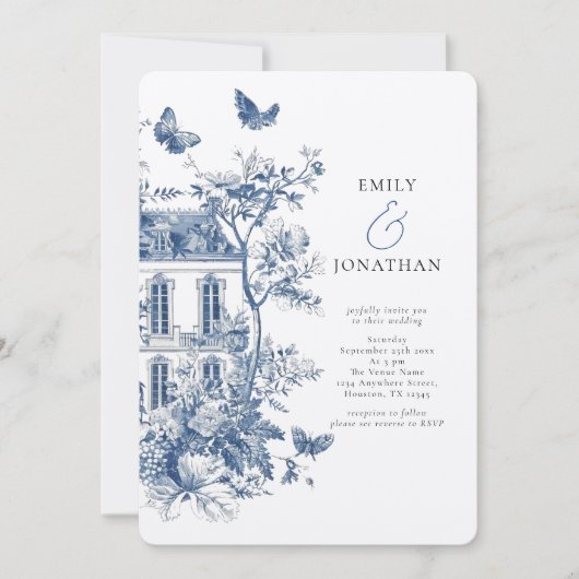 Rustic Blue Toile De Jouy QR Code Wedding Einladung (Vorderseite)