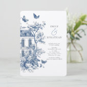 Rustic Blue Toile De Jouy QR Code Wedding Einladung (Stehend Vorderseite)