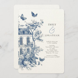 Rustic Blue Toile De Jouy QR Code Wedding Einladung