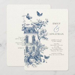 Rustic Blue Toile De Jouy QR Code Wedding Einladung