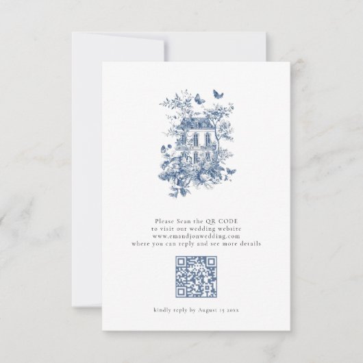 Rustic Blue Toile De Jouy QR Code Wedding RSVP Karte (Vorderseite)