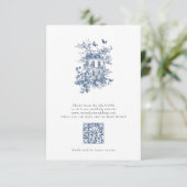 Rustic Blue Toile De Jouy QR Code Wedding RSVP Karte (Stehend Vorderseite)