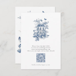 Rustic Blue Toile De Jouy QR Code Wedding RSVP Karte