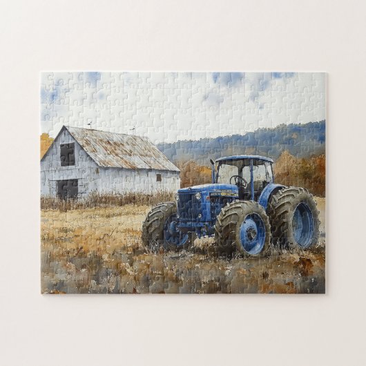 Rustic Blue Tractor White Barde Watercolor Puzzle (Horizontal)