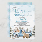 Rustic Blue Truck Bear Winter Onederland Birthday Einladung (Vorne/Hinten)