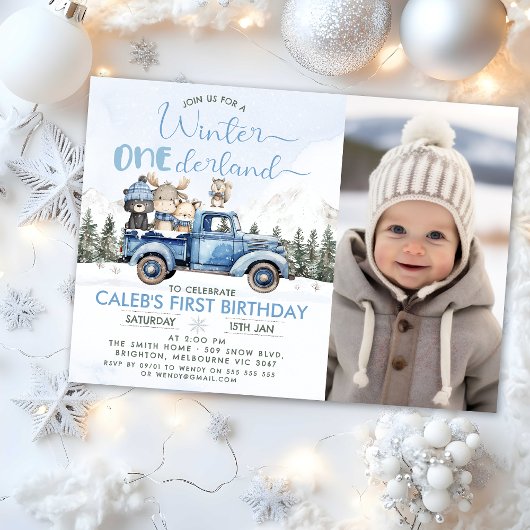 Rustic Blue Truck Winter Onederland 1st Birthday Einladung