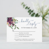 Rustic Blue und Burgund Floral Wedding RSVP Karte (Stehend Vorderseite)