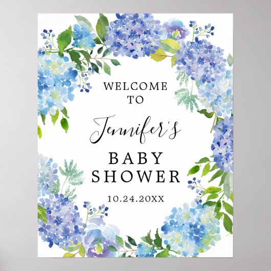 Rustic Blue Watercolor Hydrangea Baby Dusche Poster (Vorne)