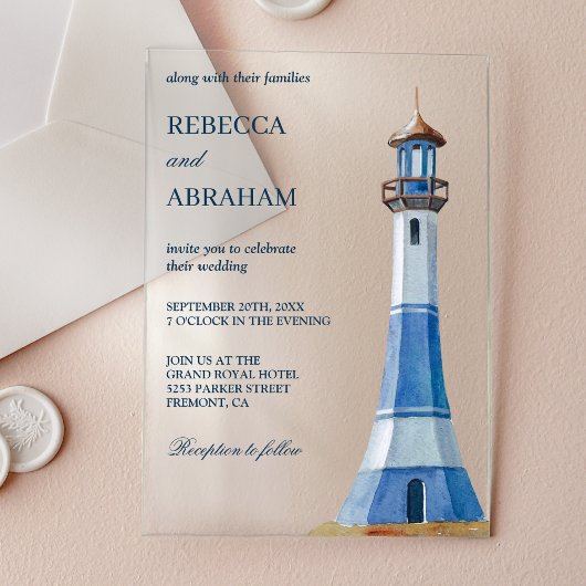 Rustic Blue Watercolor Lighthouse Nautical Wedding Acryleinladungen