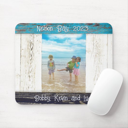 Rustic Blue White Beach Wood Photo Frame Mousepad (Mit Mouse)