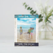 Rustic Blue White Beach Wood Photo Frame Postkarte (Stehend Vorderseite)